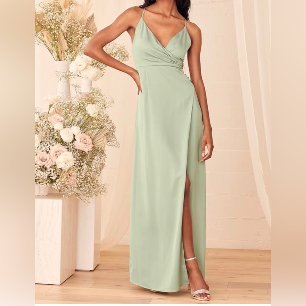 Lulu’s Outstanding Elegance Sage Green Satin Surplice Maxi Dress - worn once!